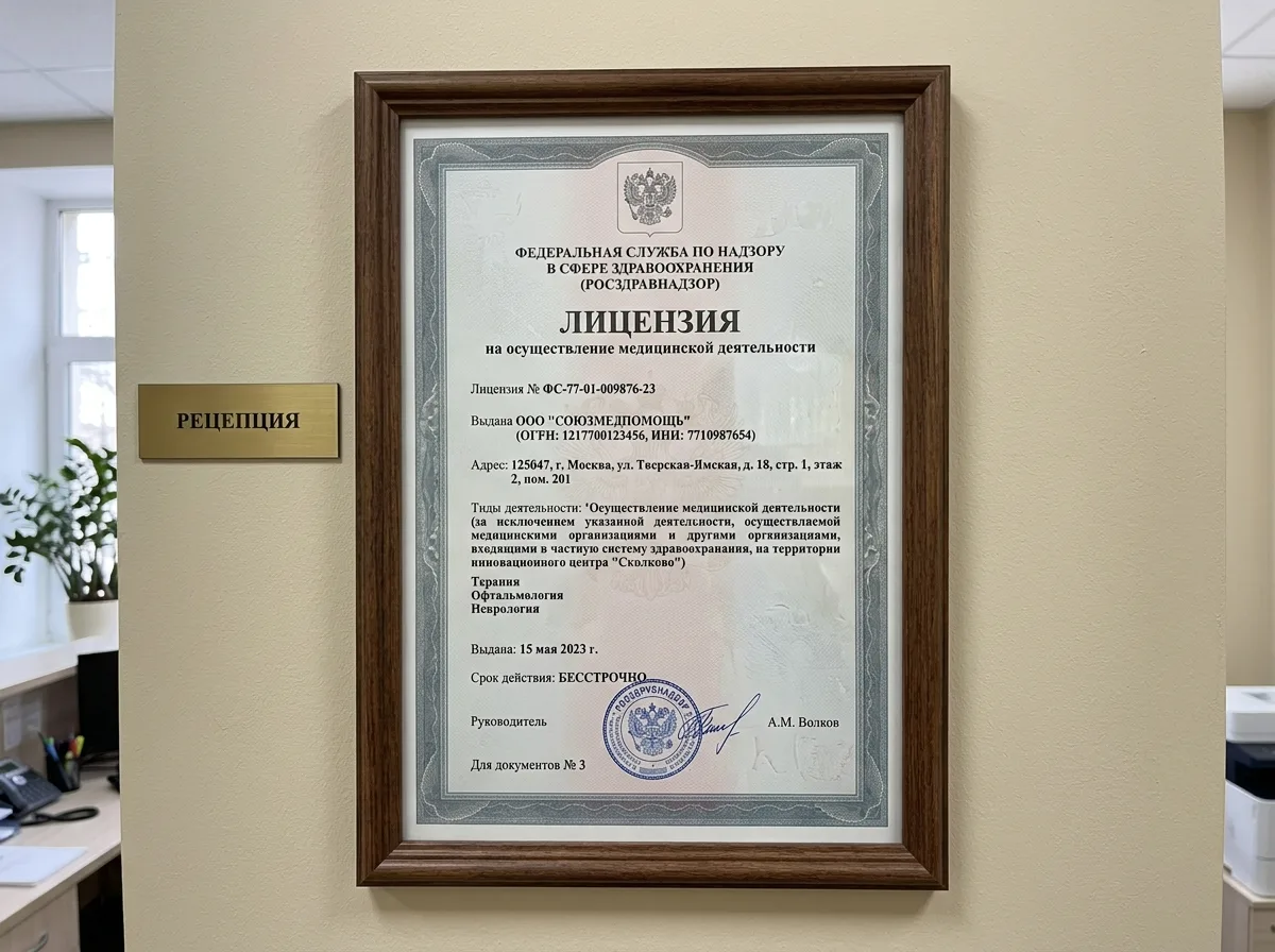 Лицензия на осуществление медицинской деятельности ООО СоюзМедПомощь, официальный документ Росздравнадзора