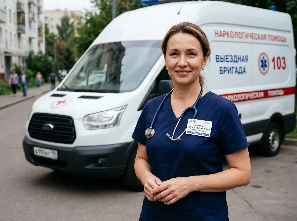 Нарколог выездной бригады Савина Ирина Михайловна, женщина 40 лет, в медицинской форме, портрет