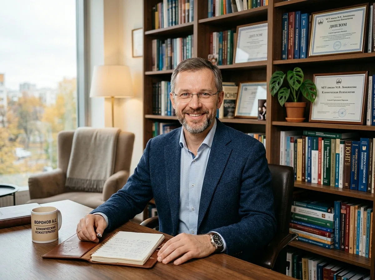 Психотерапевт клинический психолог Воронов Алексей Сергеевич, мужчина 45 лет, портрет в кабинете